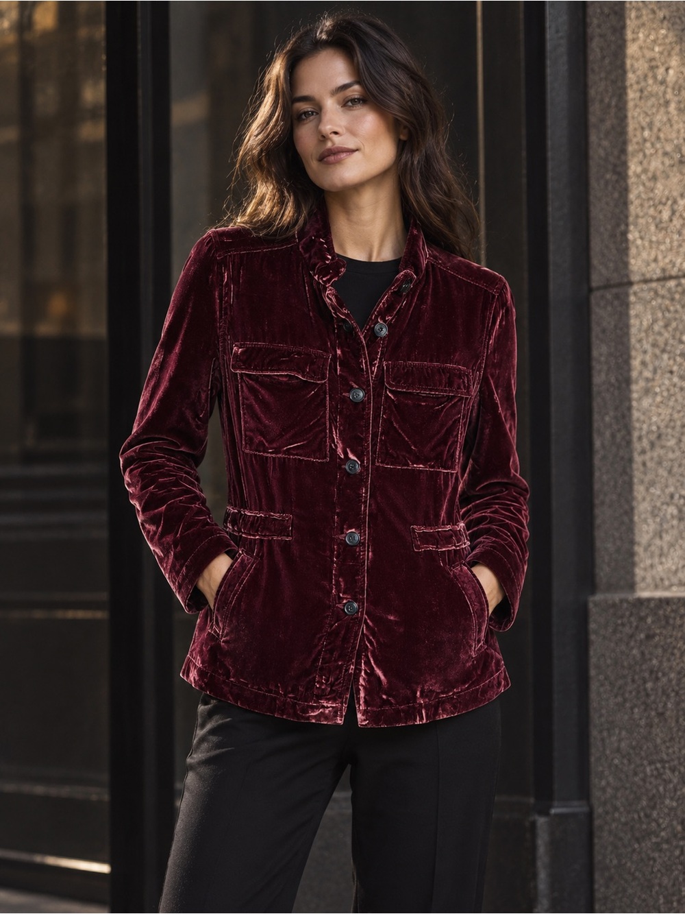 Burgundy Velvet Utility Field Jacket LOFT Size S Adjustable Waist